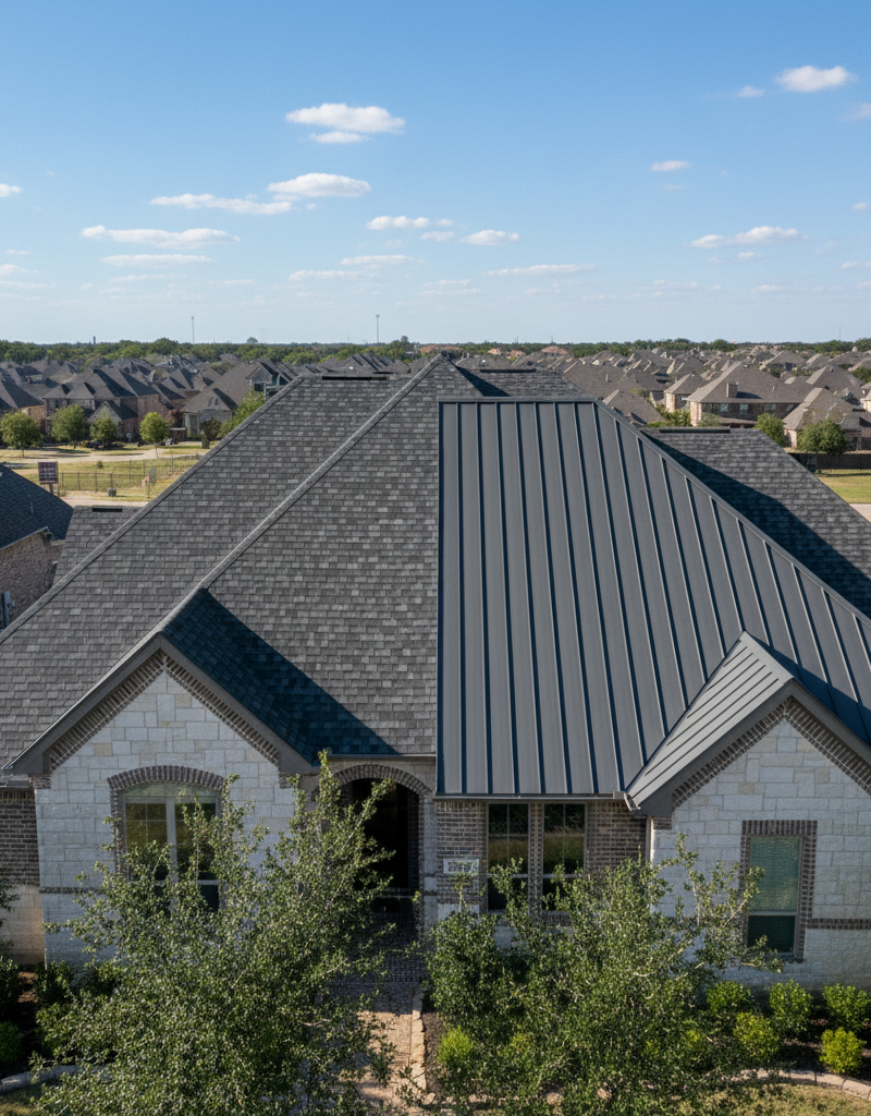 A side-by-side comparison of a modern charcoal gray standing seam metal roof and a dark gray architectural asphalt shingle roof on a home in McKinney, Texas.