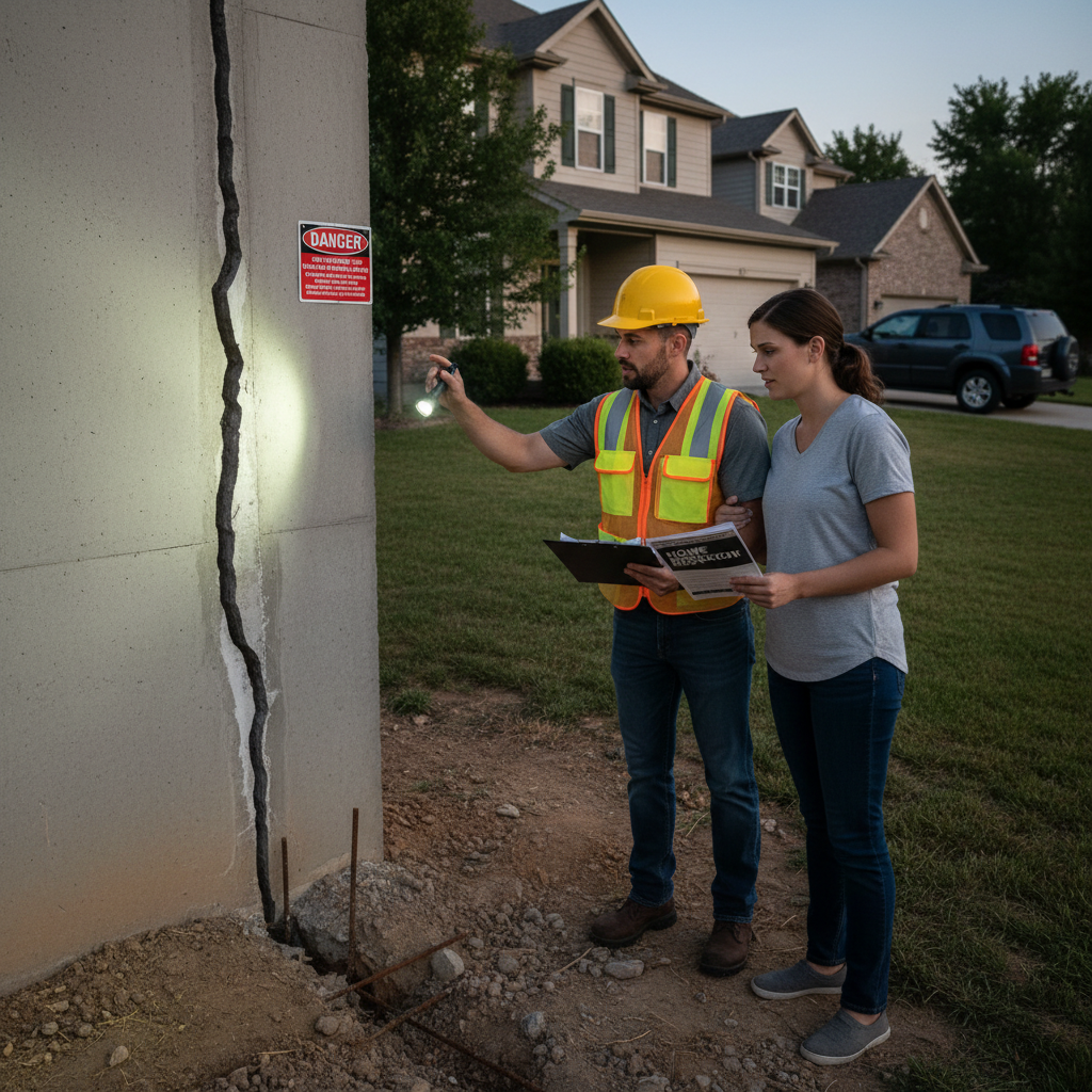 A home inspector points out a foundation crack to potential homebuyers during a home inspection.
