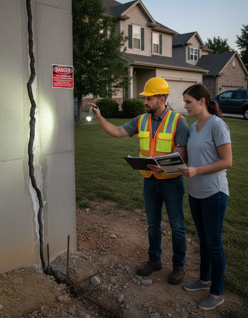 A home inspector points out a foundation crack to potential homebuyers during a home inspection.