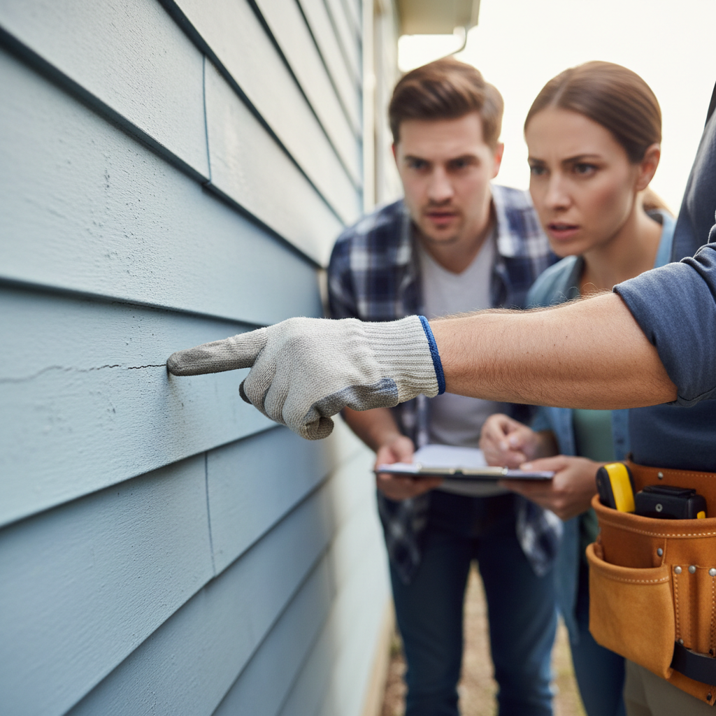 A home inspector explaining a finding on a house siding to a couple, highlighting the importance of the home inspection process.