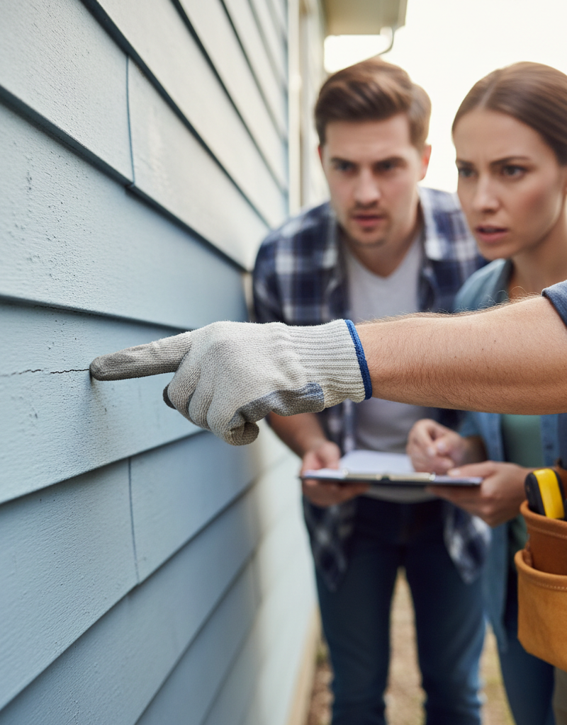 A home inspector explaining a finding on a house siding to a couple, highlighting the importance of the home inspection process.