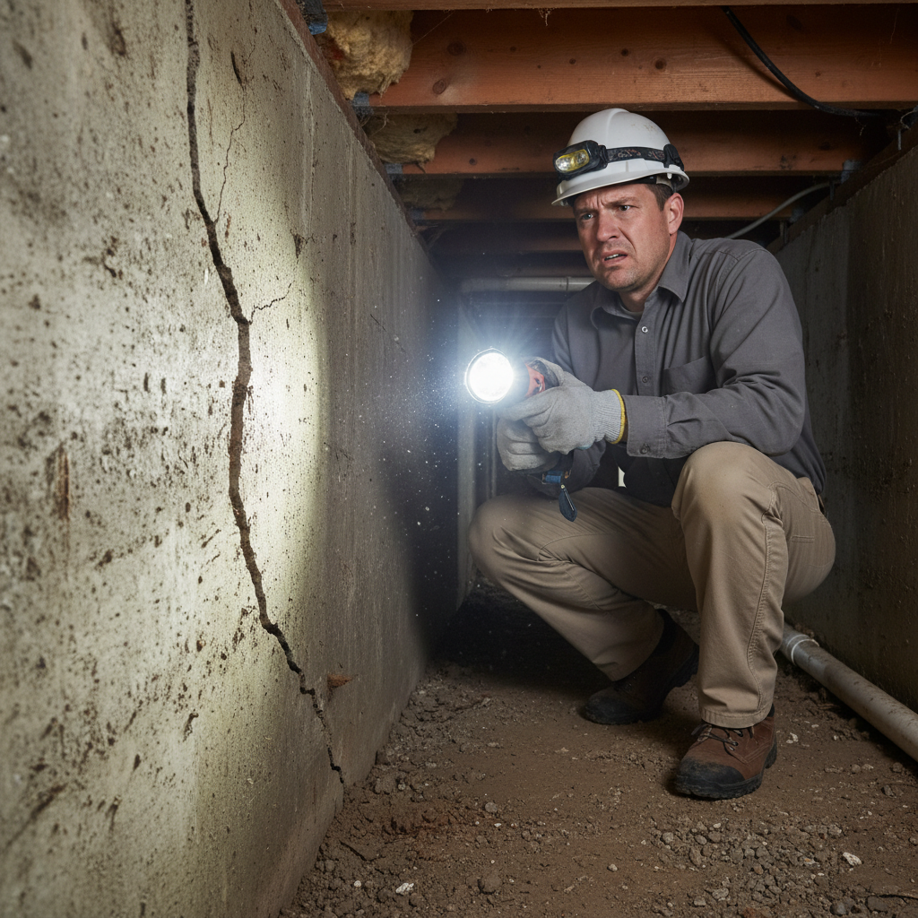 A home inspector discovering a large crack in a foundation, a major home inspection red flag.