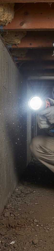 A home inspector discovering a large crack in a foundation, a major home inspection red flag.
