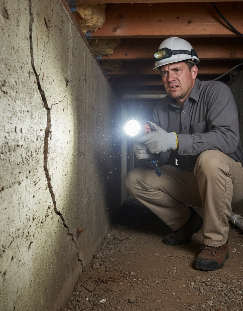 A home inspector discovering a large crack in a foundation, a major home inspection red flag.