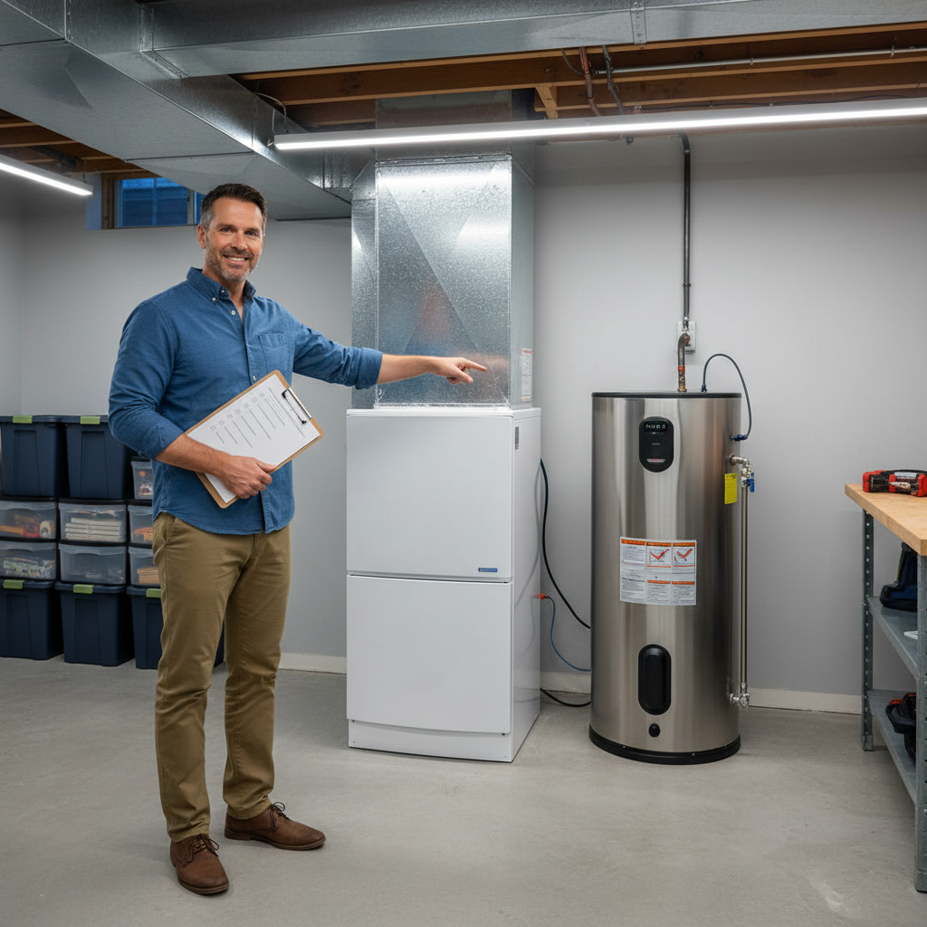 A homeowner preparing for a home inspection by checking the furnace and water heater in a clean, accessible basement.