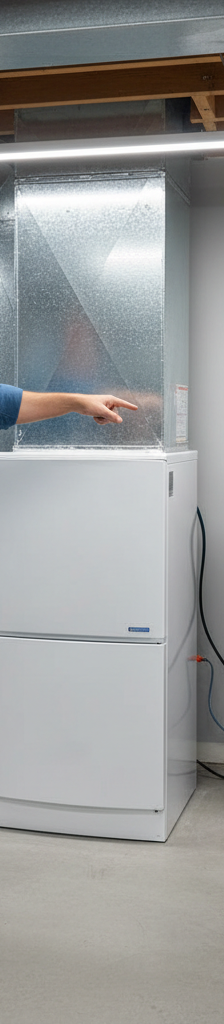 A homeowner preparing for a home inspection by checking the furnace and water heater in a clean, accessible basement.