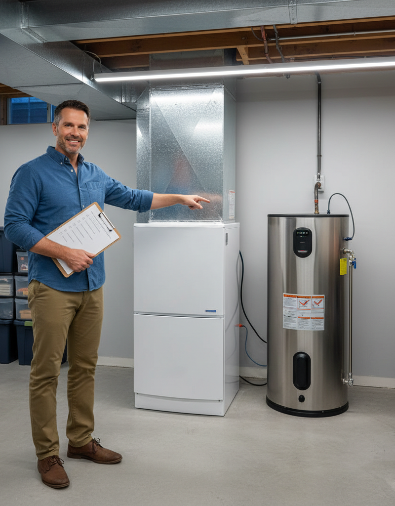 A homeowner preparing for a home inspection by checking the furnace and water heater in a clean, accessible basement.