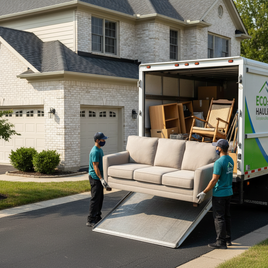 Two junk removal workers loading a sofa into a half-full truck, illustrating the concept of junk removal cost by volume.