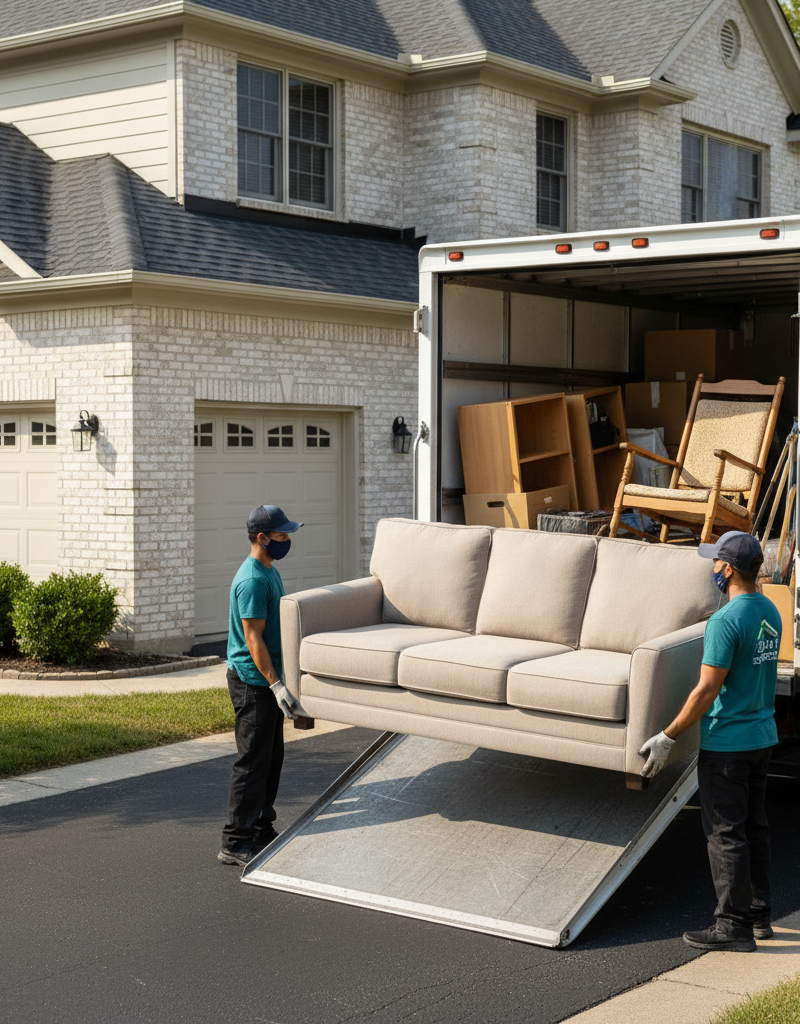 Two junk removal workers loading a sofa into a half-full truck, illustrating the concept of junk removal cost by volume.