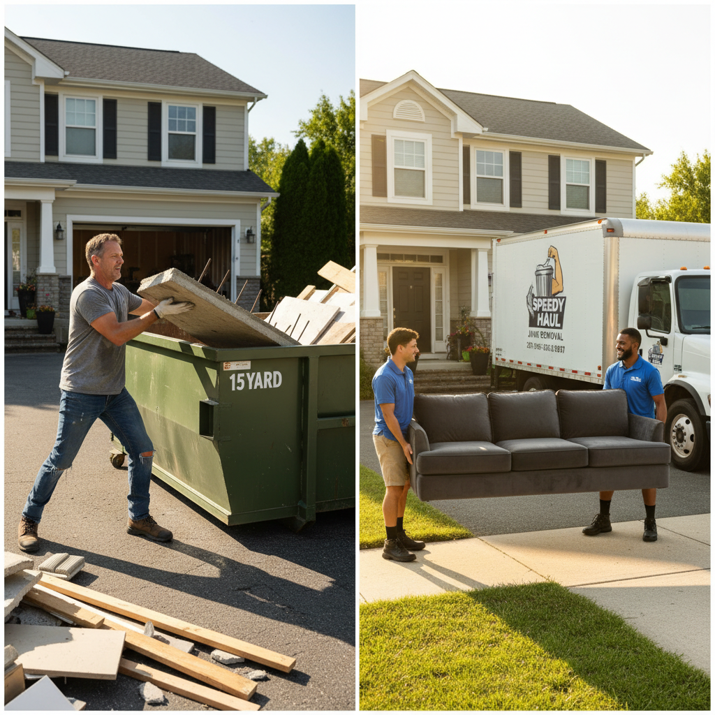 A split image contrasting a man loading a dumpster rental with professionals from a junk removal service carrying a couch.