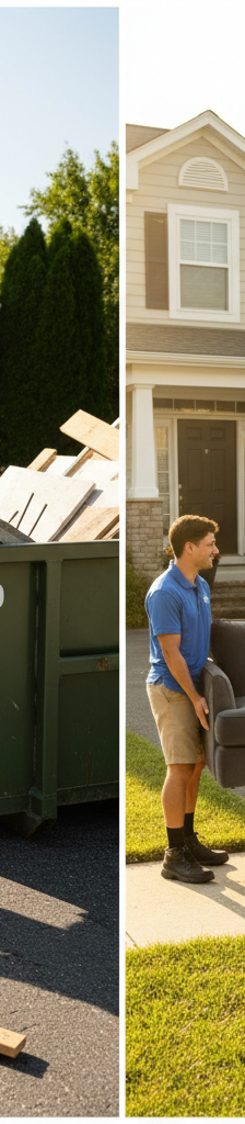 A split image contrasting a man loading a dumpster rental with professionals from a junk removal service carrying a couch.