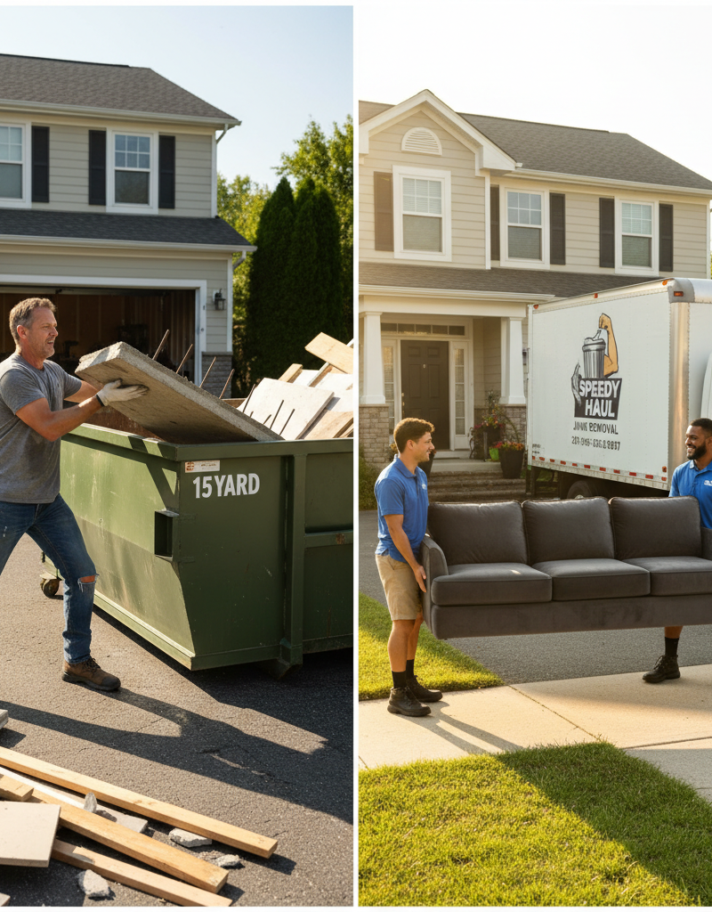 A split image contrasting a man loading a dumpster rental with professionals from a junk removal service carrying a couch.