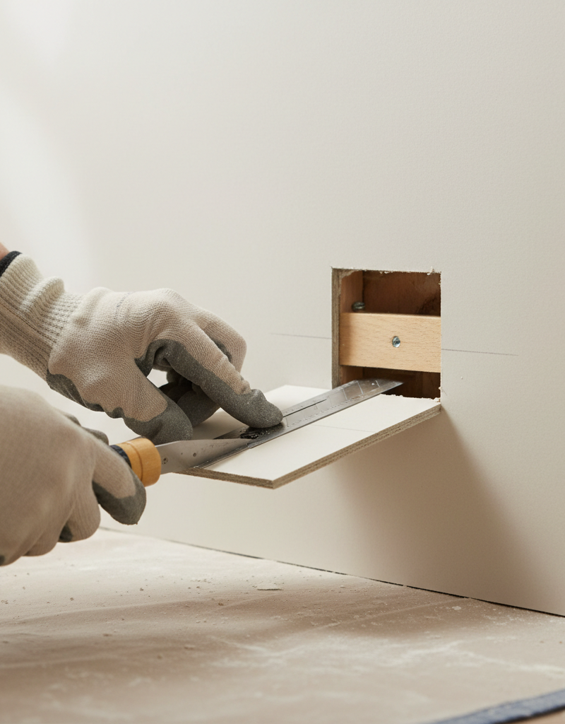 Homeowner carefully cutting a drywall patch with a utility knife for a 4-inch hole repair.