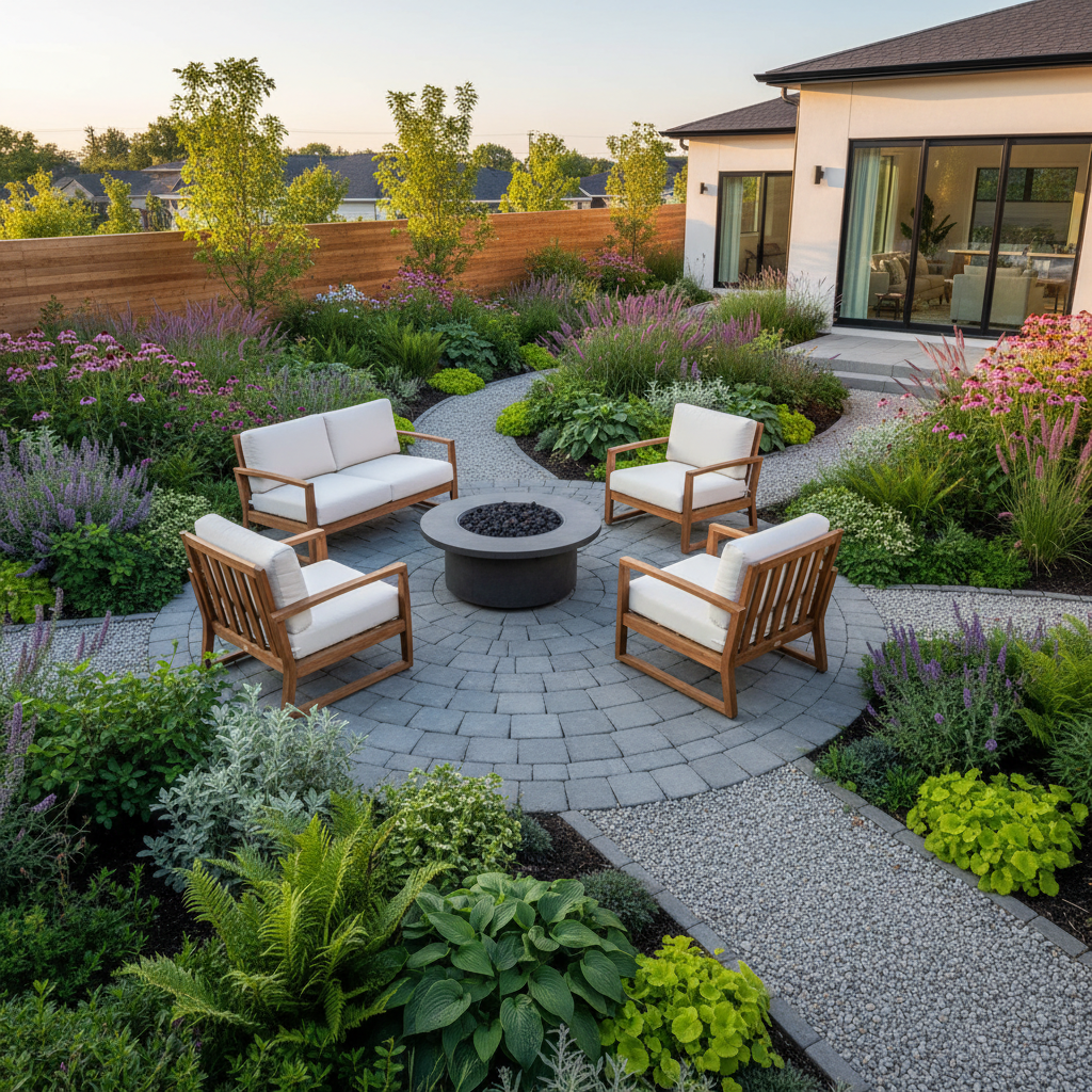Modern low-maintenance backyard with patio, native plants, and gravel paths