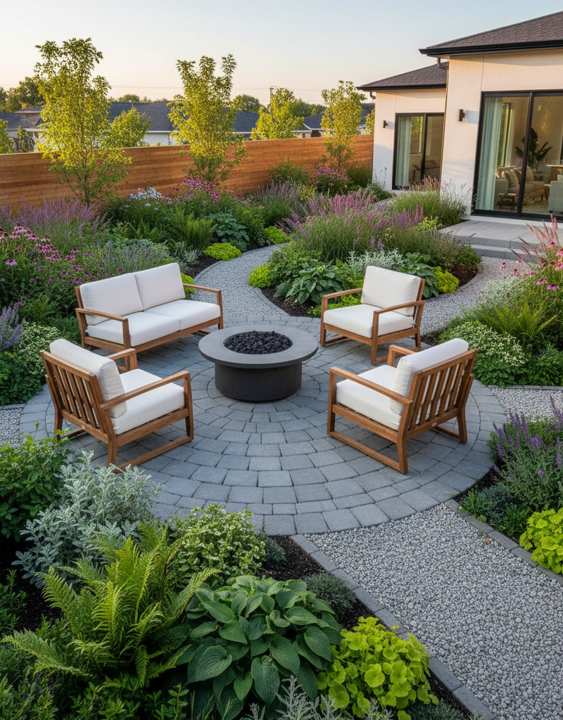 Modern low-maintenance backyard with patio, native plants, and gravel paths