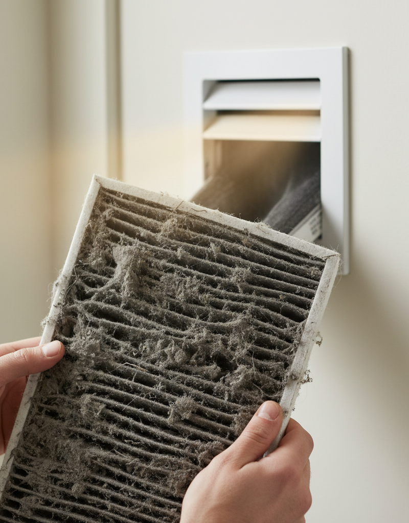 Homeowner inspecting a clogged air filter in their air conditioning system