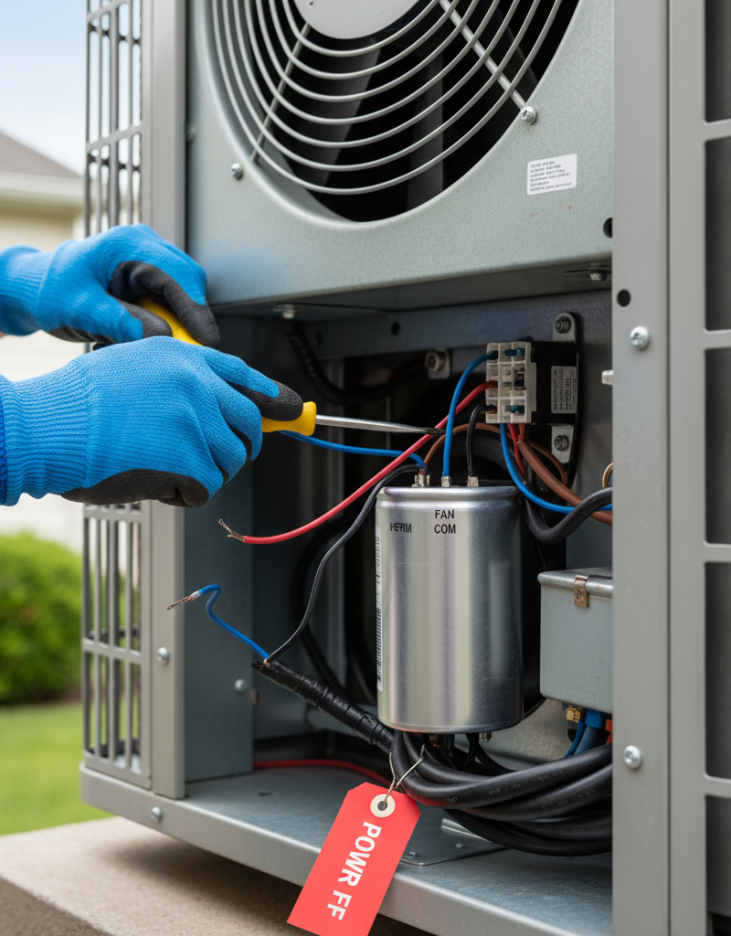 Homeowner safely replacing a capacitor in an outdoor AC unit.