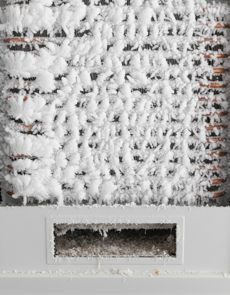 Severely frozen evaporator coil inside an AC air handler unit, covered in thick ice due to restricted airflow from a dirty filter.