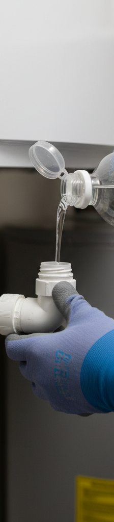 Homeowner pouring vinegar into AC condensate drain line to clear a clog and fix warm air issue.