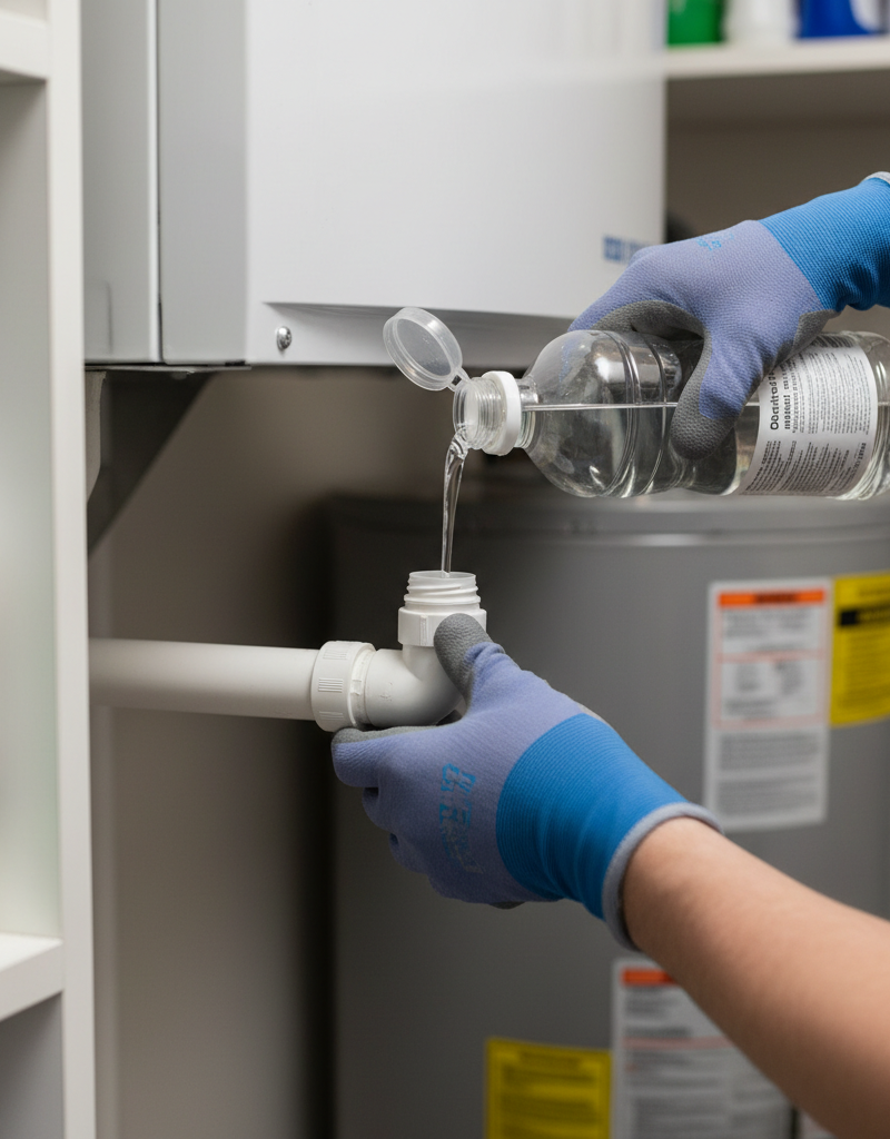 Homeowner pouring vinegar into AC condensate drain line to clear a clog and fix warm air issue.