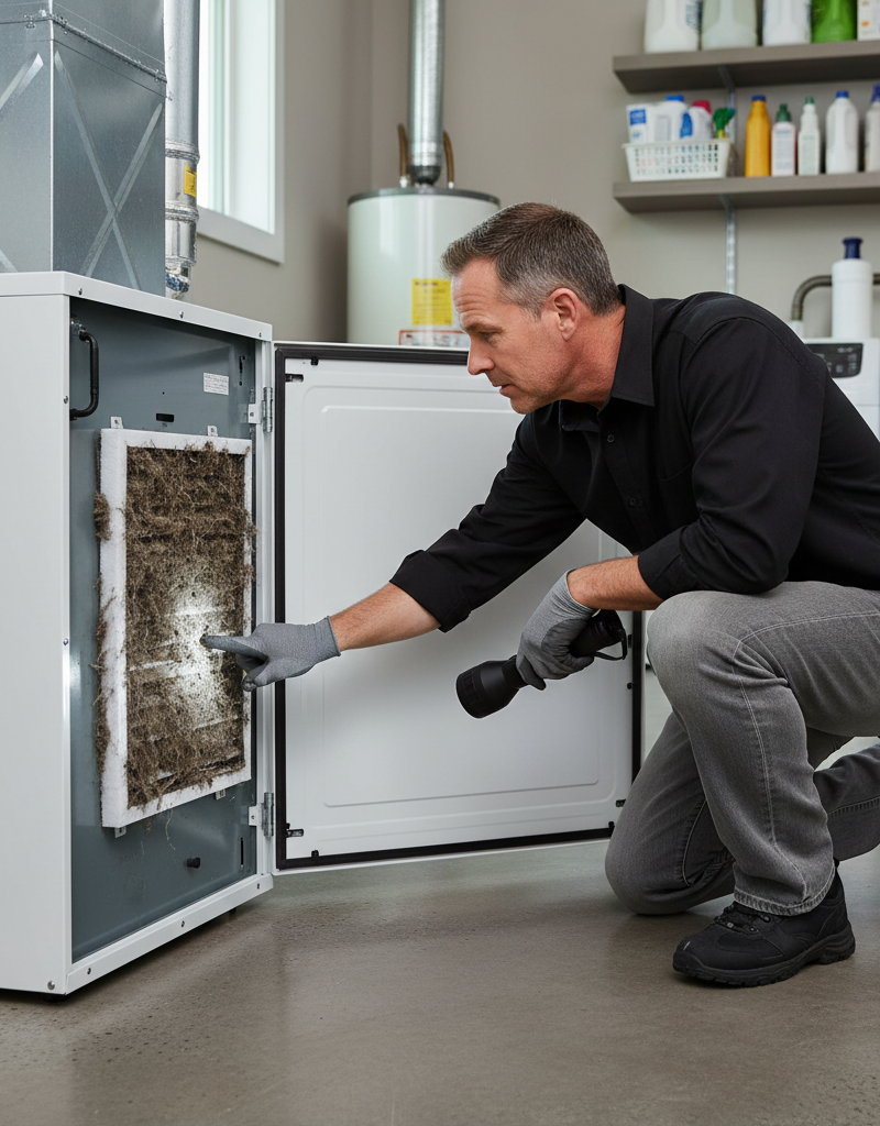 Homeowner inspecting a very dirty air filter inside an HVAC air handler.