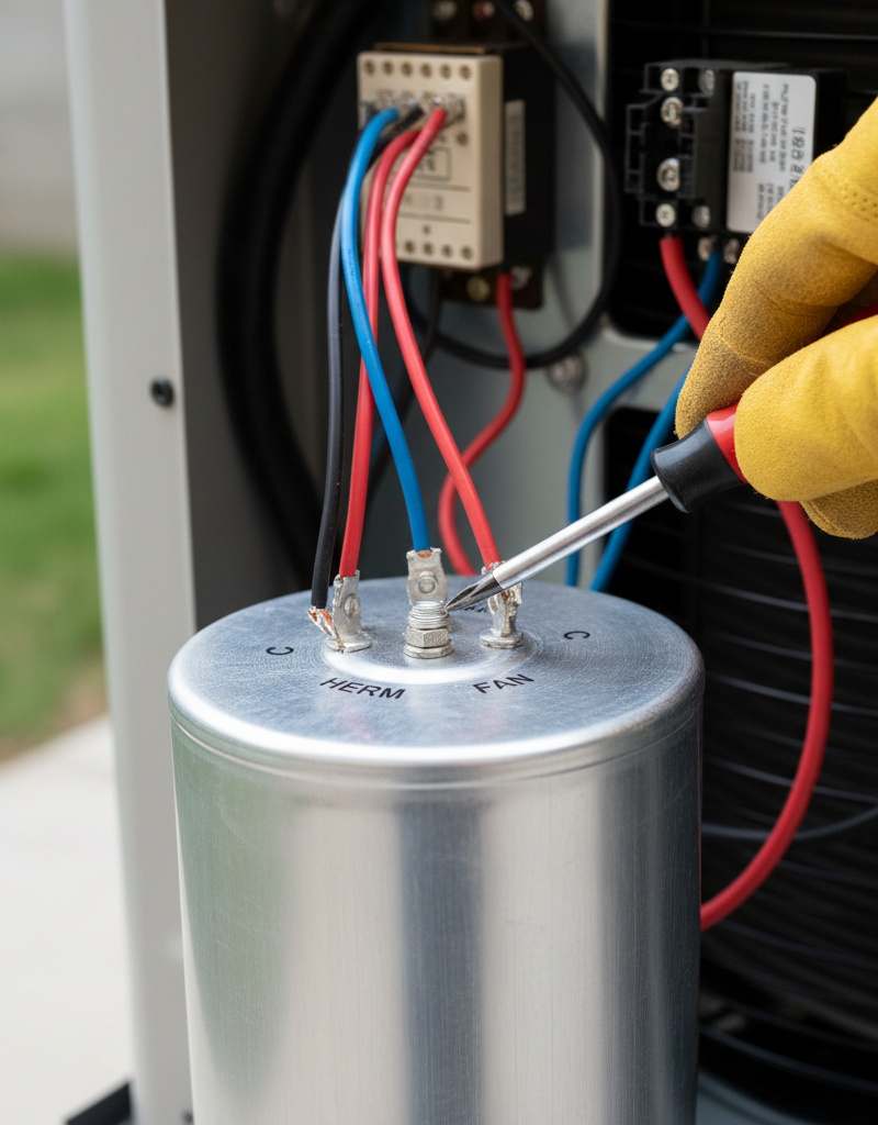 Close-up of an AC capacitor inside an outdoor condenser unit, with a screwdriver discharging it.