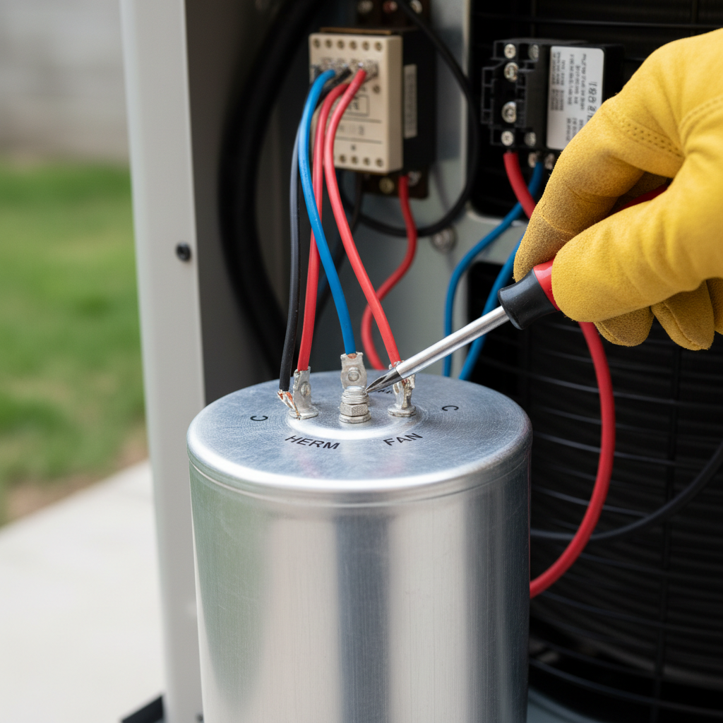 Close-up of an AC capacitor inside an outdoor condenser unit, with a screwdriver discharging it.