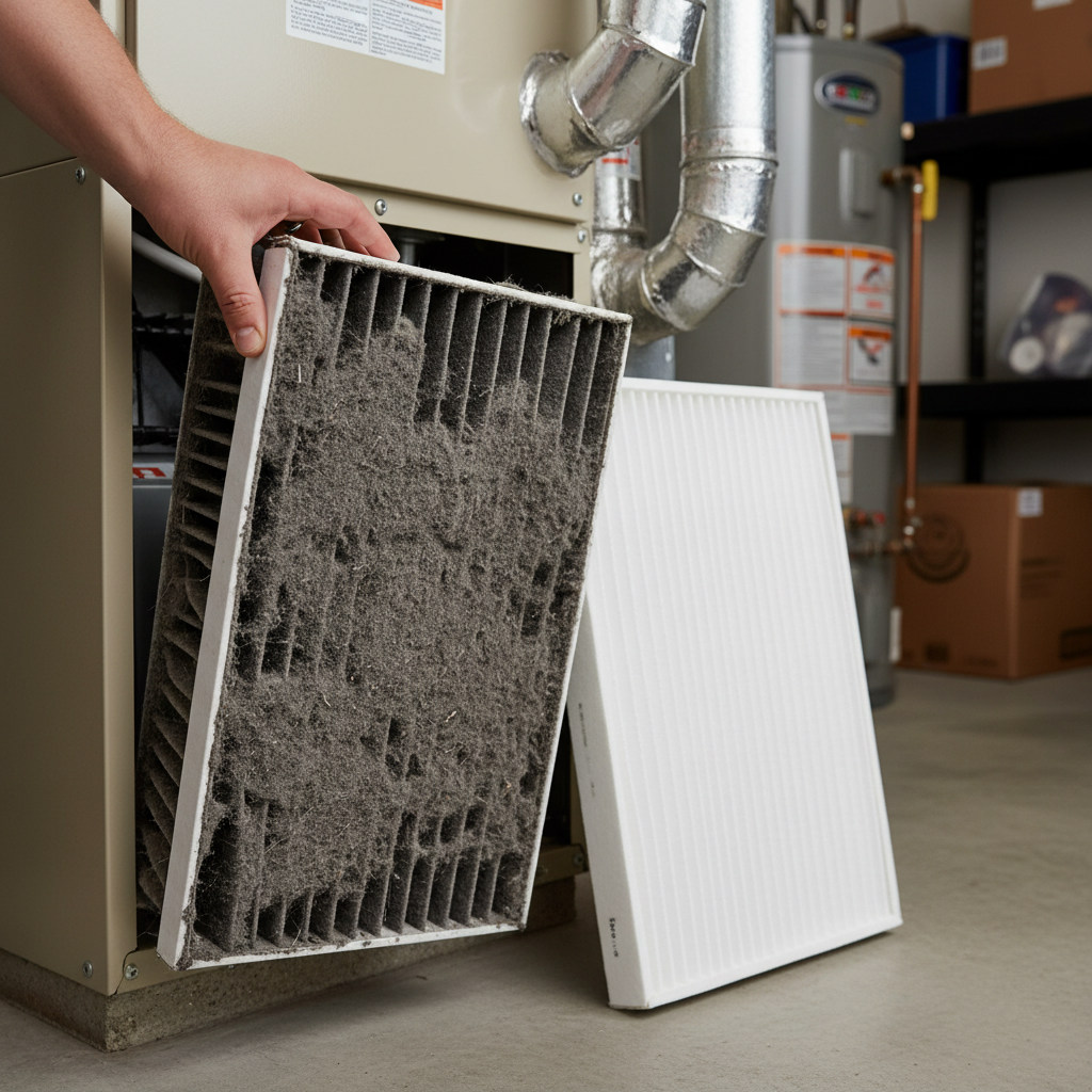 Homeowner removing a disgustingly dirty HVAC air filter, holding a clean replacement filter nearby