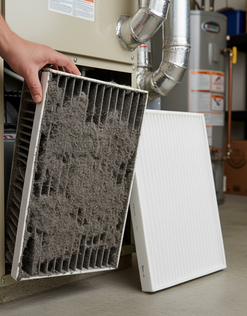 Homeowner removing a disgustingly dirty HVAC air filter, holding a clean replacement filter nearby
