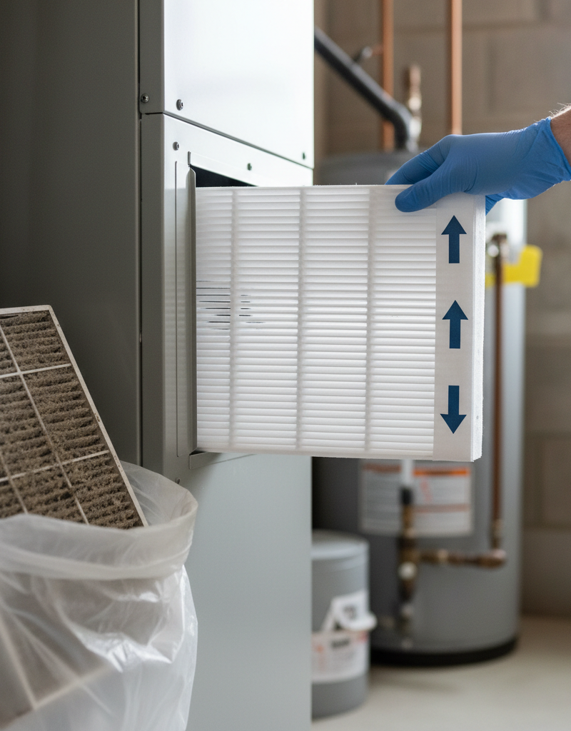 Homeowner replacing a dirty HVAC air filter, new filter shows airflow arrow