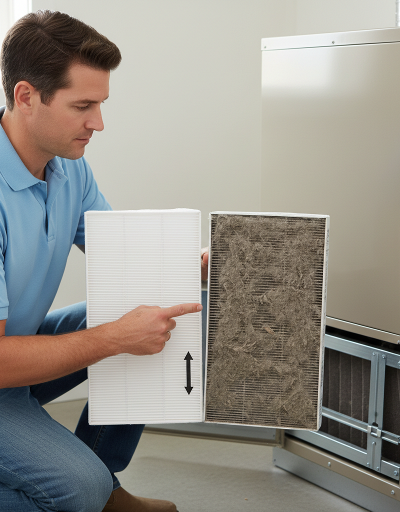 Homeowner checking dirty AC air filter in furnace