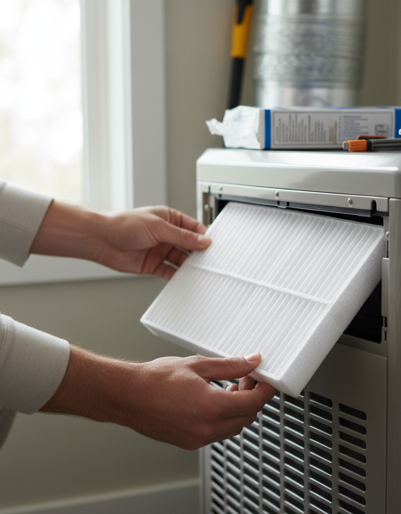 Homeowner's hands sliding a fresh, clean air filter into an air conditioning return vent.