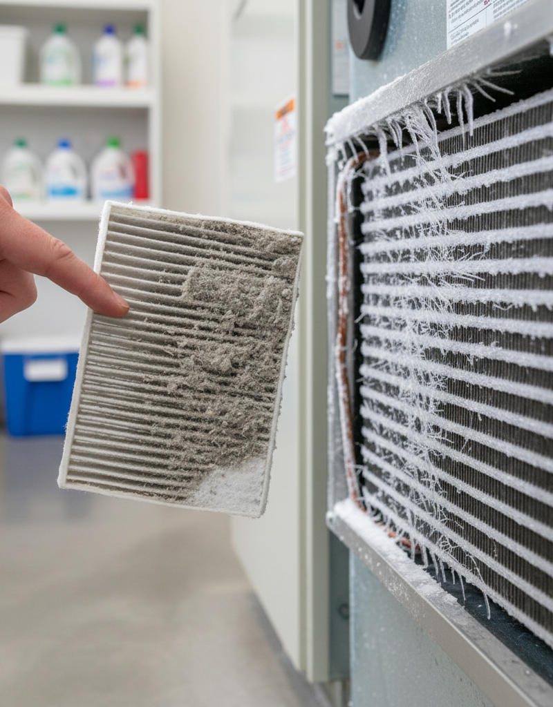 Close-up of a frosted AC evaporator coil next to a clogged air filter.