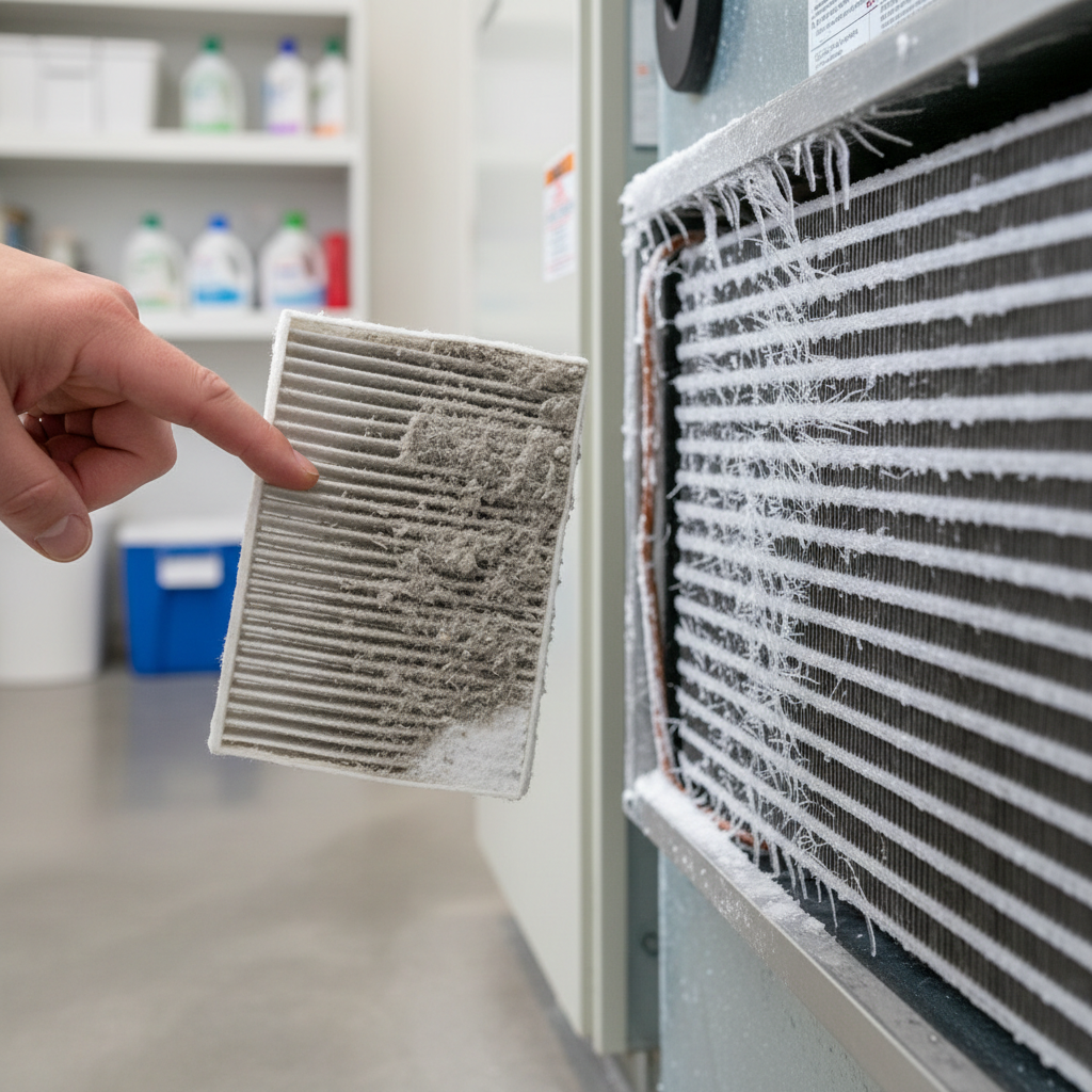 Close-up of a frosted AC evaporator coil next to a clogged air filter.