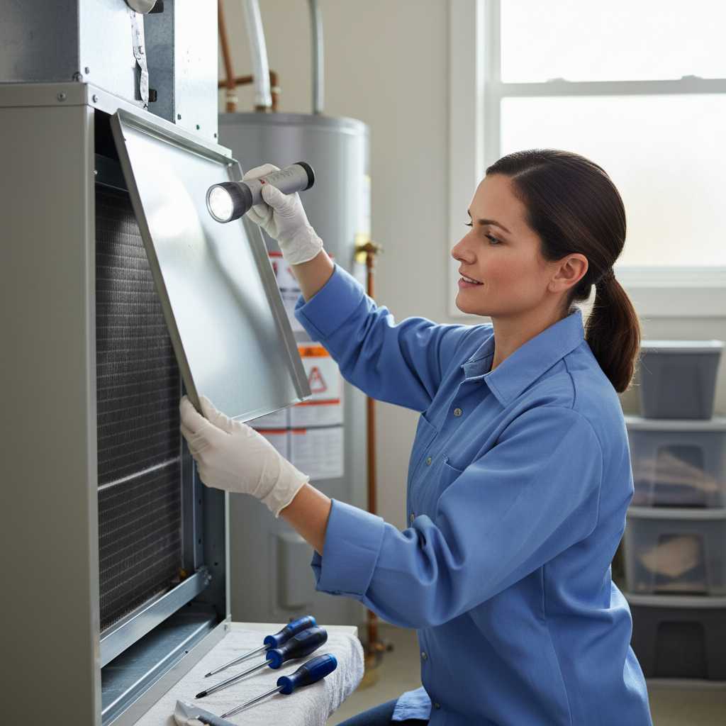 Homeowner inspecting a clean evaporator coil inside an air handler unit with a flashlight, checking for ice buildup.