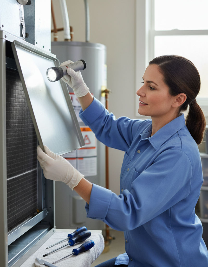 Homeowner inspecting a clean evaporator coil inside an air handler unit with a flashlight, checking for ice buildup.