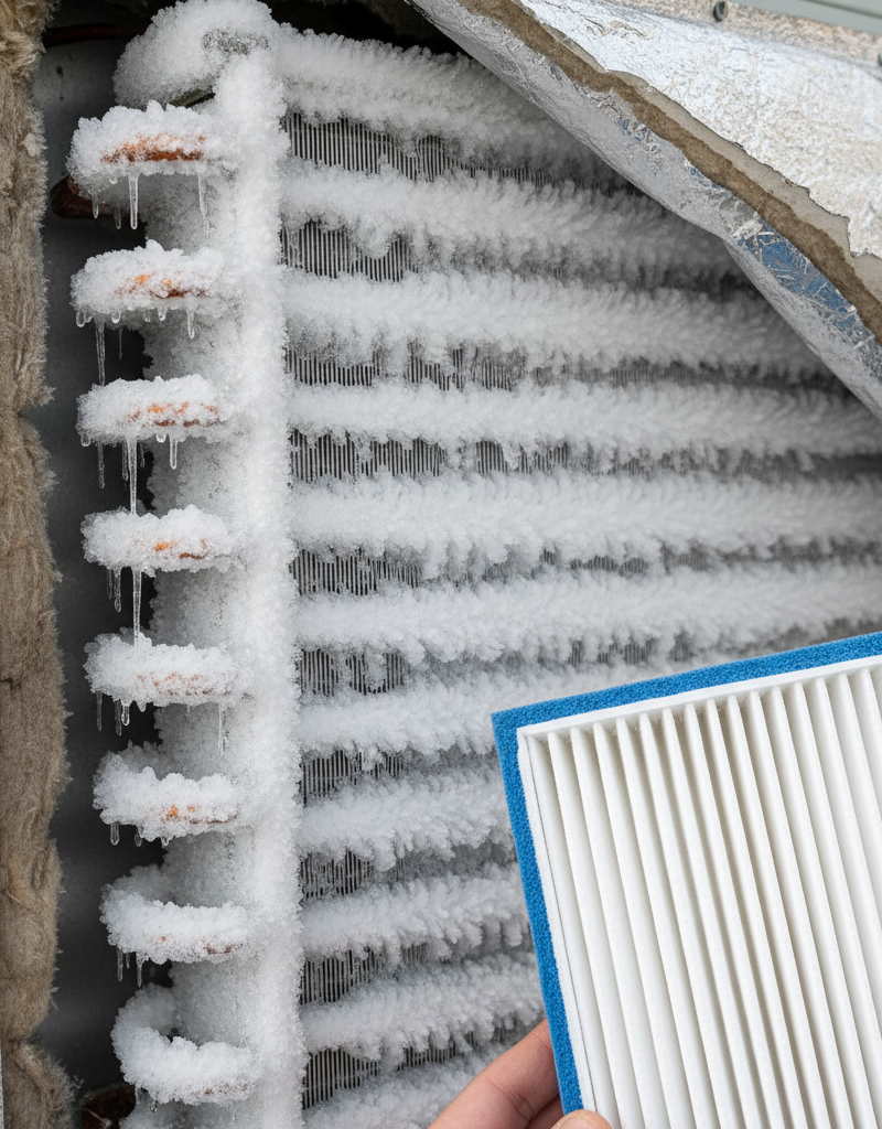 Close-up of a severely frozen AC evaporator coil inside an air handler next to a clean new air filter, showing ice buildup