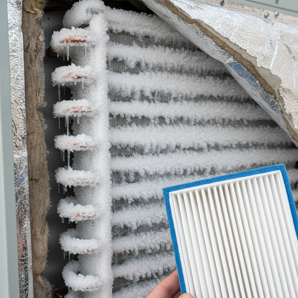 Close-up of a severely frozen AC evaporator coil inside an air handler next to a clean new air filter, showing ice buildup
