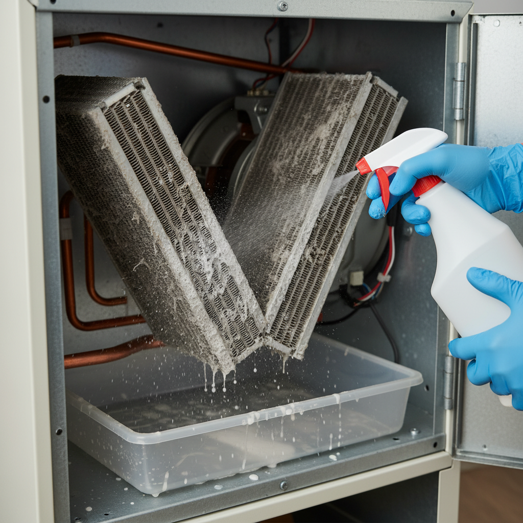 Homeowner cleaning a visibly dusty AC evaporator coil with spray cleaner inside an air handler