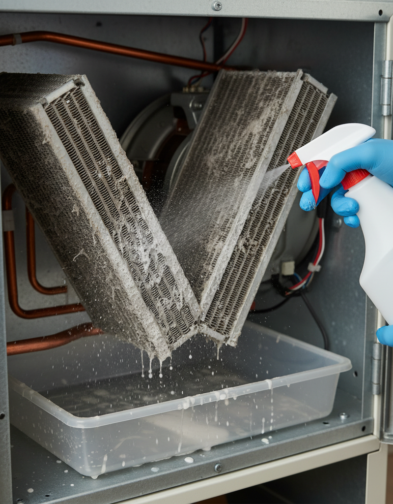 Homeowner cleaning a visibly dusty AC evaporator coil with spray cleaner inside an air handler