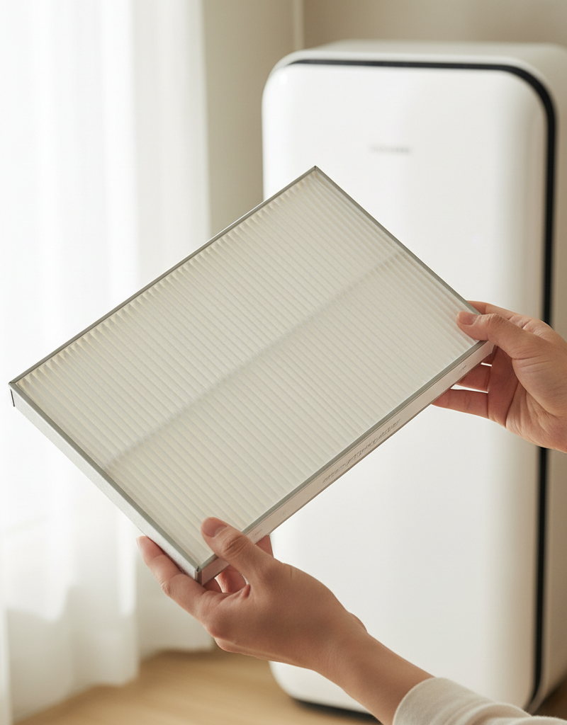 Homeowner checking a clean air filter in an indoor AC unit