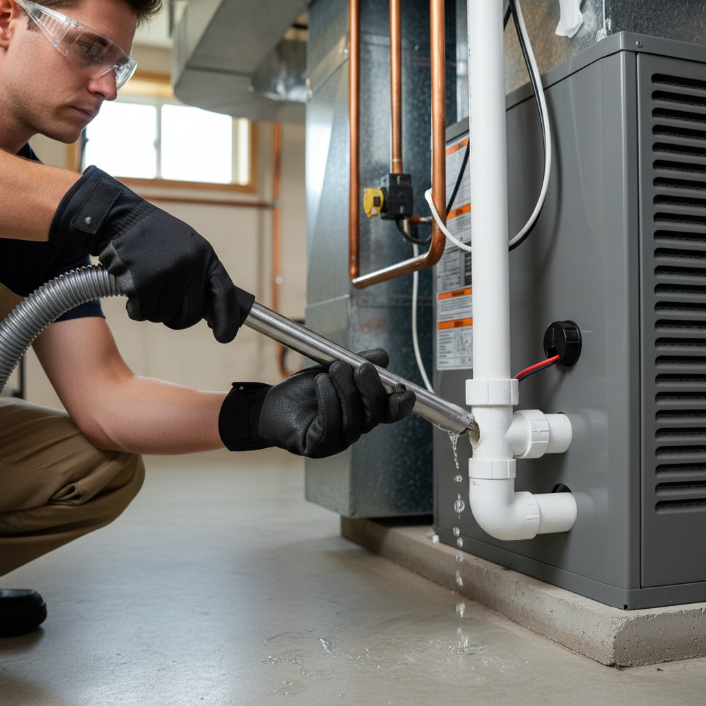 Homeowner clearing a clogged AC condensate drain line with a shop vac