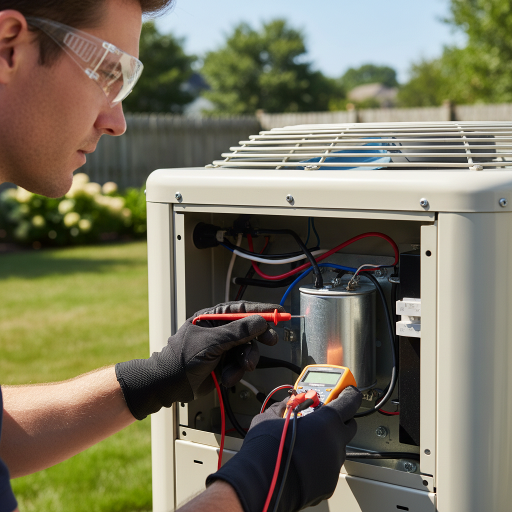 Homeowner safely inspecting an AC condenser unit's electrical compartment with a multimeter, troubleshooting a non-spinning fan.