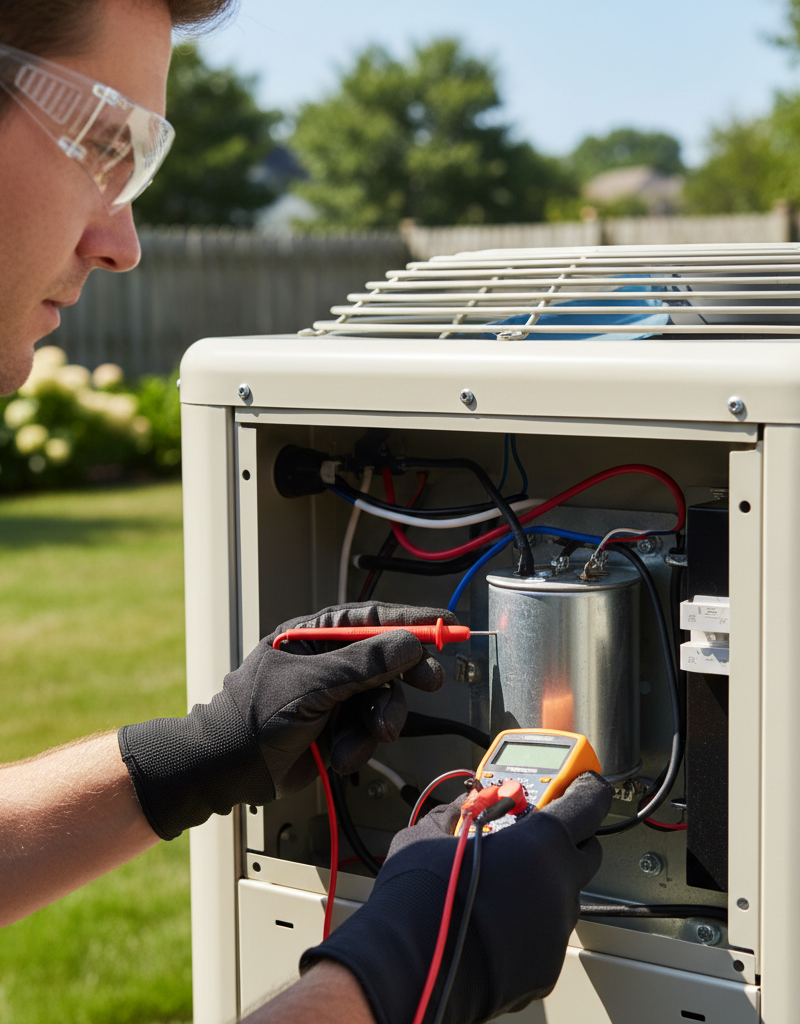 Homeowner safely inspecting an AC condenser unit's electrical compartment with a multimeter, troubleshooting a non-spinning fan.