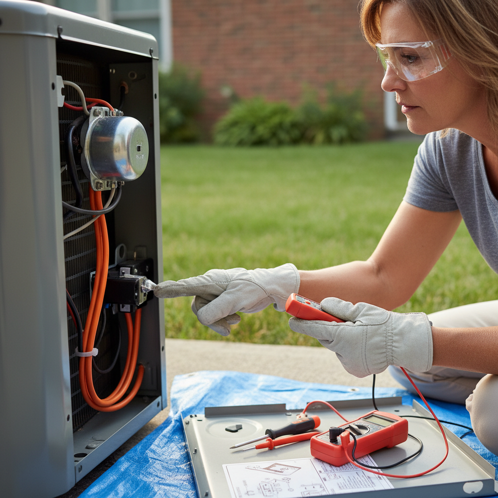 Homeowner inspecting a discharged capacitor in an outdoor AC unit to fix a non-spinning fan.