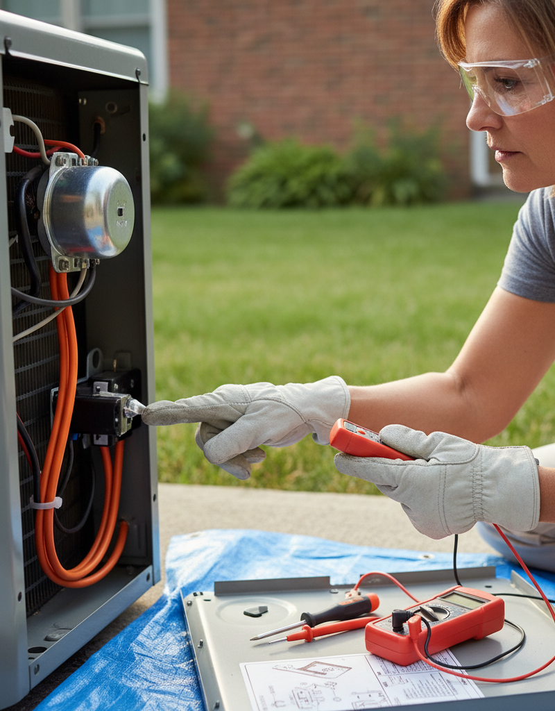 Homeowner inspecting a discharged capacitor in an outdoor AC unit to fix a non-spinning fan.