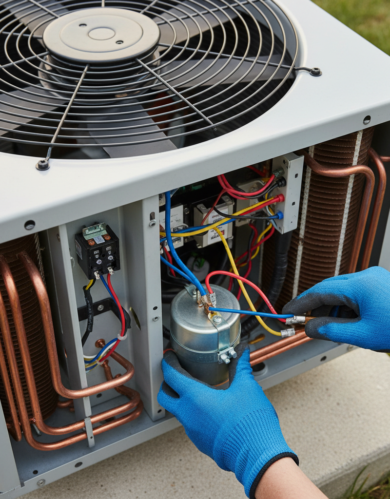 Homeowner troubleshooting an AC condenser unit with the fan not spinning, pointing to the run capacitor