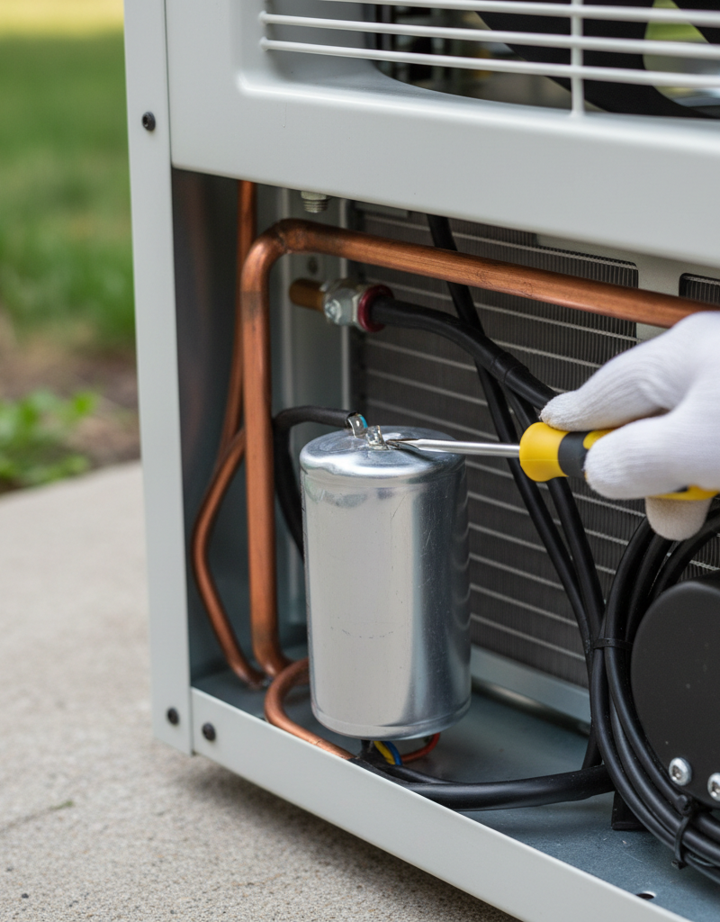 Homeowner safely discharging a bulging dual-run capacitor in an outdoor AC unit