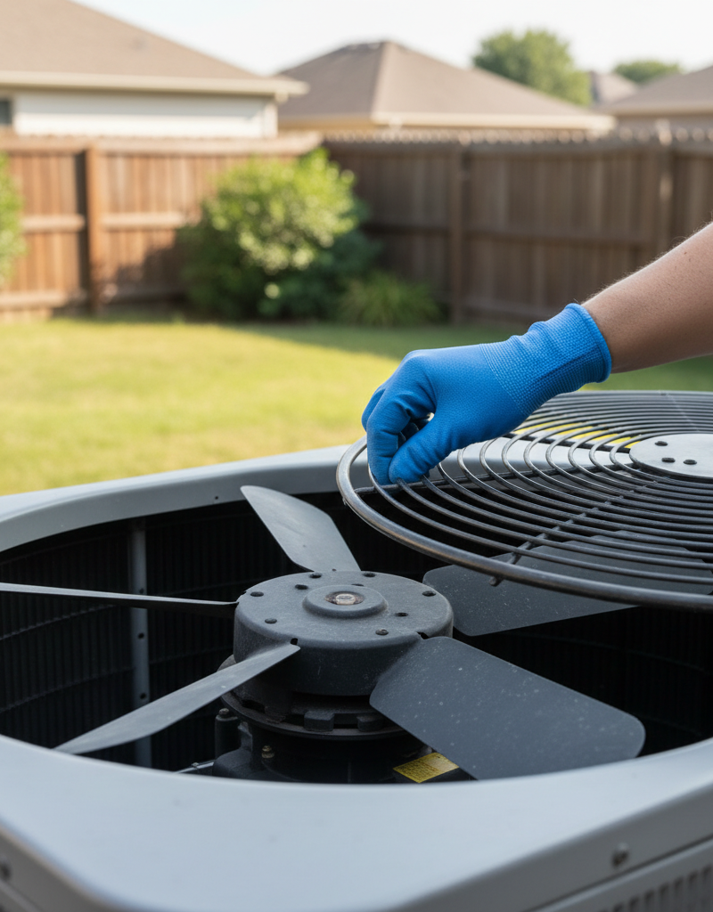 Homeowner inspecting AC condenser fan blades on outdoor unit
