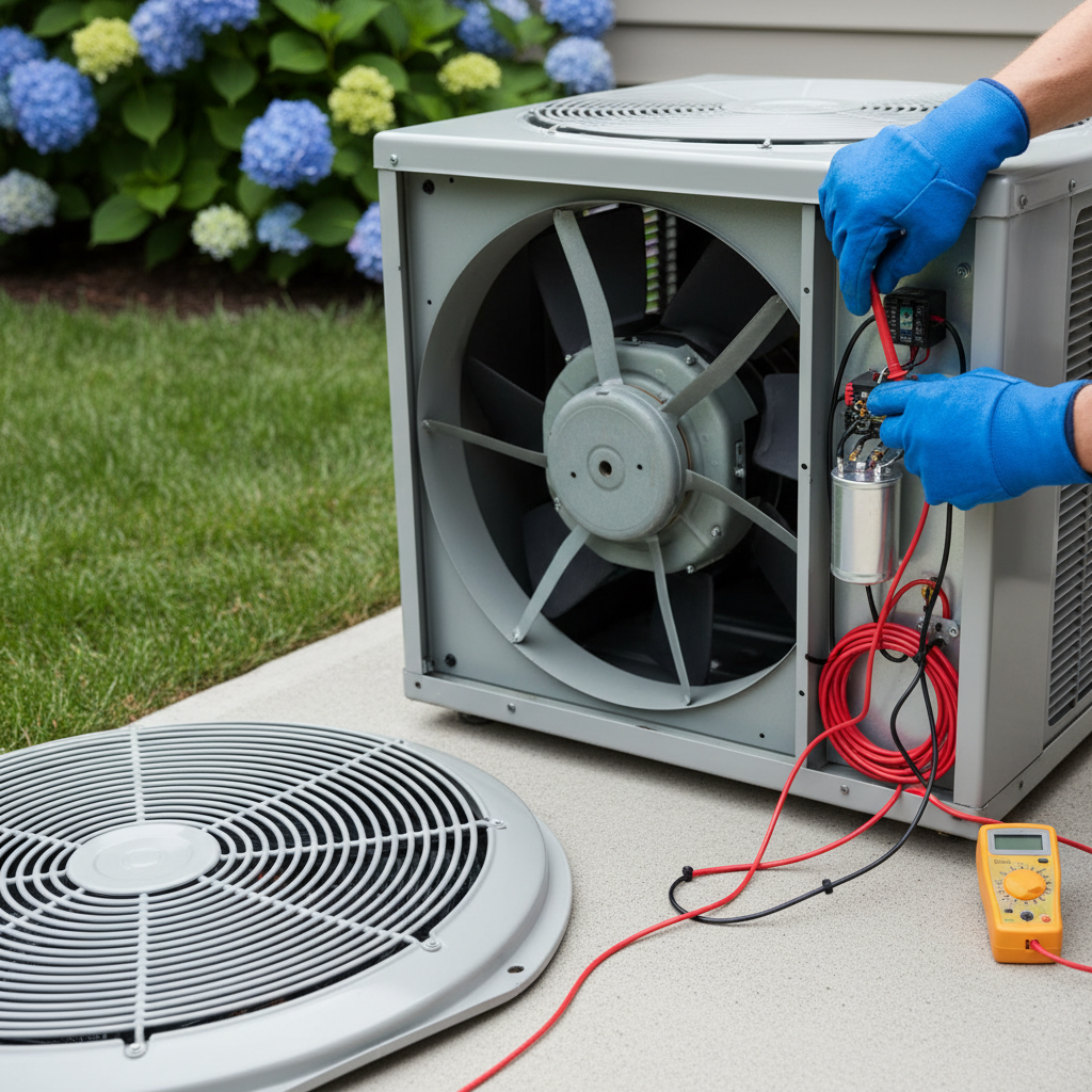 Homeowner inspecting AC condenser fan and capacitor for repair